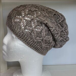 Delicate knit slouchy beanie blush gray and gold
